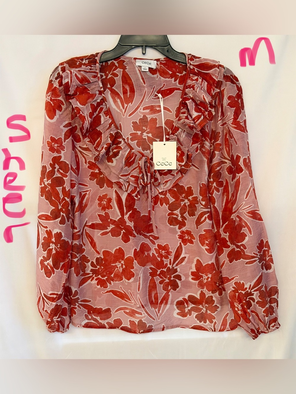 CeCe Red Floral Sheer Ruffle Tie Blouse